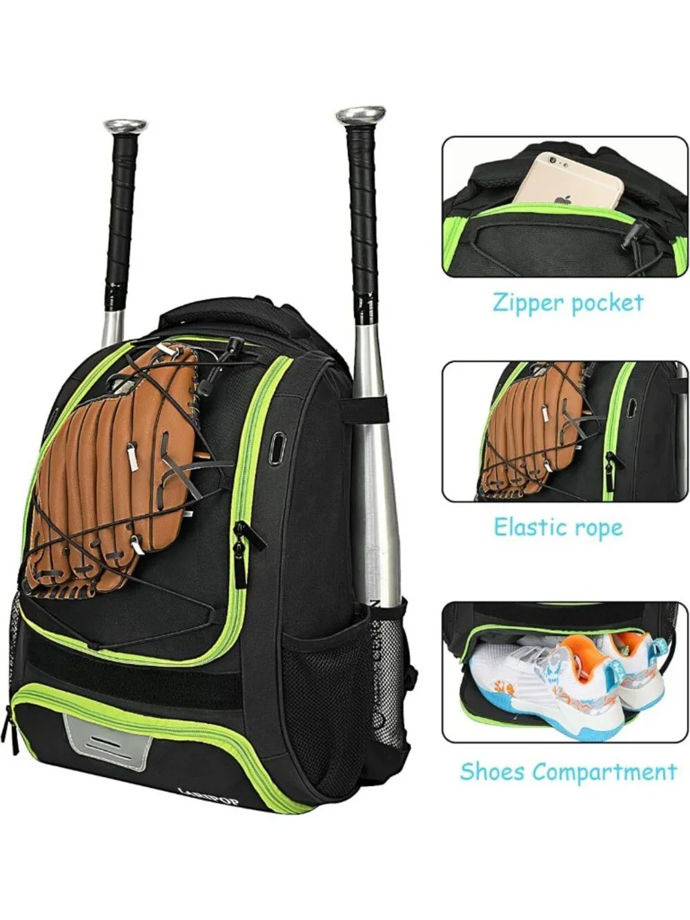 Youth Baseball Bat Backpack with Fence Hook, Waterproof Gear Bag & Shoe